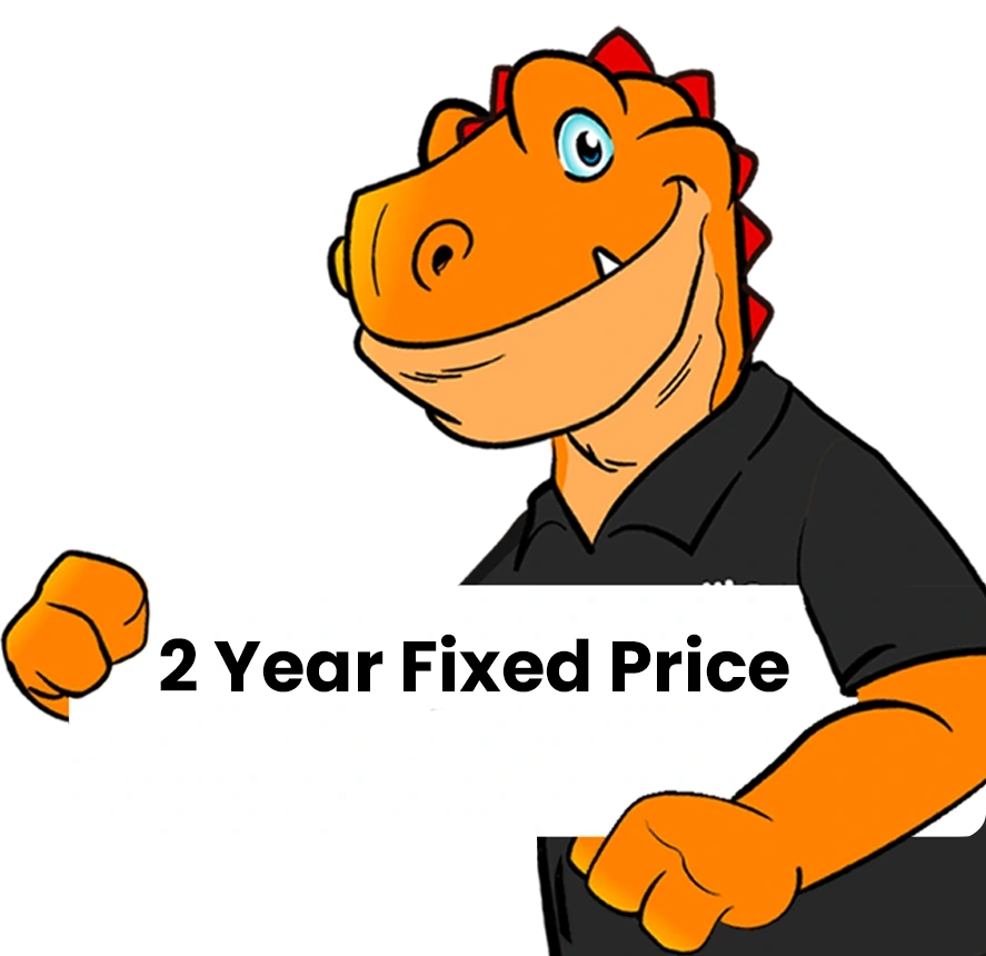Derek, WarmZilla's orange dinosaur with a spanner in front of a boiler with cover.
